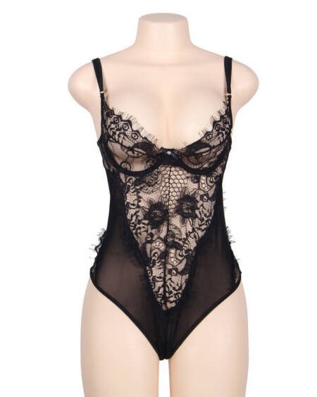 SUBBLIME - QUEEN PLUS FLORAL LACE UND FRINGED BLACK TEDDY