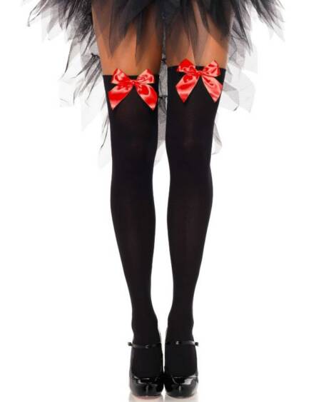 LEG AVENUE - SCHWARZE NYLON-OBERTEILHÖCHSE MIT ROTER SCHLEIFE, EINE GRÖSSE